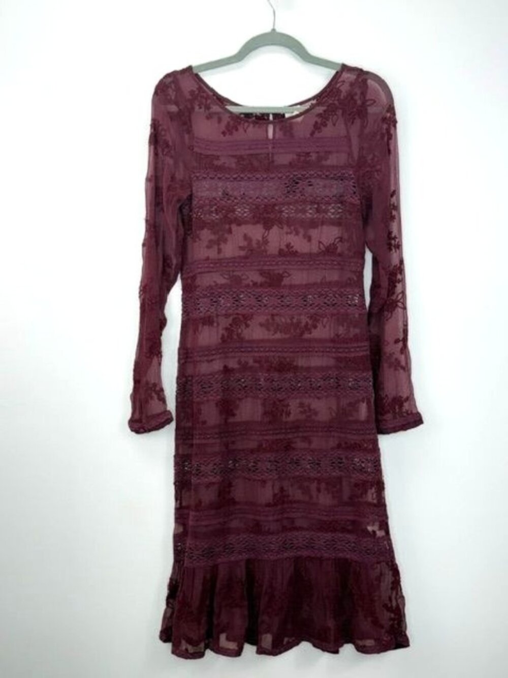 Sundance Women's Burgundy Sheer Lace Embroidered Sheath Dress Size 4 NO SLIP
